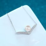 S925 Sterling Silver V-Shape Necklace with 8mm Freshwater Pearl and Moissanite for Women