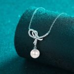 Moissanite S925 Silver Pearl Necklace for Women, Bow Pendant, Sweet and Cute Girl Clavicle Chain, Minimalist
