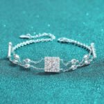 S925 Sterling Silver Hand-Set Moissanite Bracelet, Sapphire Blue Color Stone, Square Double Chain, New Style