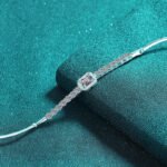 S925 Sterling Silver Handcrafted Moissanite Bracelet for Women, Rectangular Bezel-Set Bagette, Blue Color Stone, Light Luxury Style