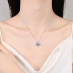 S925 Sterling Silver Pendant Necklace with Blue Moissanite, Four-Leaf Clover Square, Light Luxury, High Quality, Wholesale