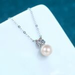 925 Sterling Silver Collarbone Necklace for Women, 8mm Flawless Freshwater Pearl and 0.5ct Moissanite