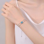 S925 Sterling Silver Handcrafted Moissanite Bracelet with Heart Frame, Blue Color Stone, Sweet and Cute Style