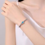 S925 Sterling Silver Handcrafted Moissanite Bracelet for Women, Rectangular Bezel-Set Bagette, Blue Color Stone, Light Luxury Style