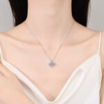 S925 Sterling Silver Pendant Necklace with Blue Moissanite, Four-Leaf Clover Square, Light Luxury, High Quality, Wholesale