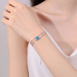 S925 Sterling Silver Hand-Set Moissanite Bracelet, Sapphire Blue Color Stone, Square Double Chain, New Style