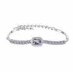 S925 Sterling Silver Handcrafted Moissanite Bracelet for Women, Rectangular Bezel-Set Bagette, Blue Color Stone, Light Luxury Style