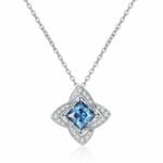 S925 Sterling Silver Pendant Necklace with Blue Moissanite, Four-Leaf Clover Square, Light Luxury, High Quality, Wholesale