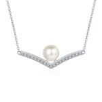 S925 Sterling Silver V-Shape Necklace with 8mm Freshwater Pearl and Moissanite for Women