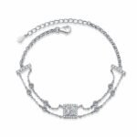 S925 Sterling Silver Hand-Set Moissanite Bracelet, Sapphire Blue Color Stone, Square Double Chain, New Style